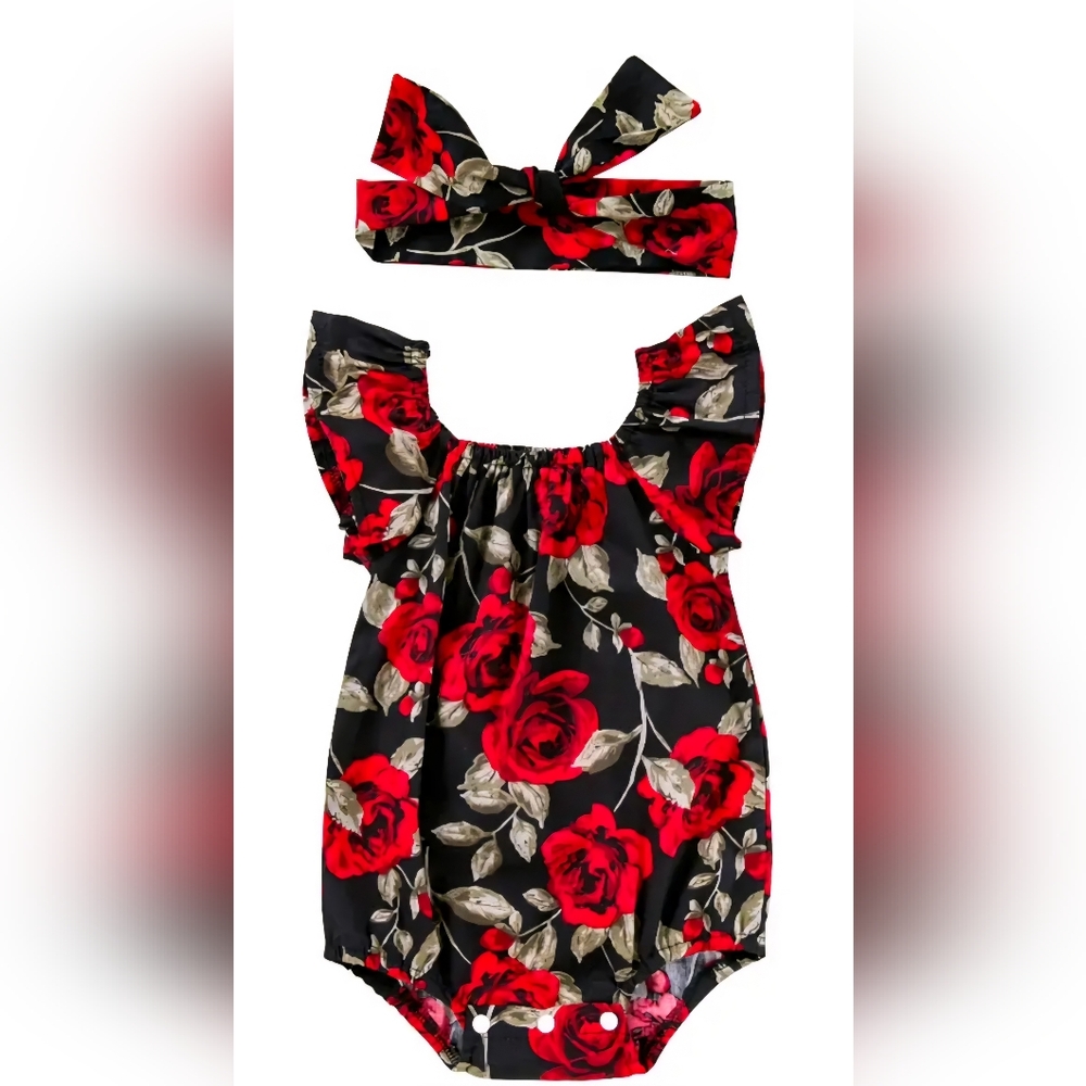 #945 Charming Floral Romper for Kids - Black and Red Sz 6-12m